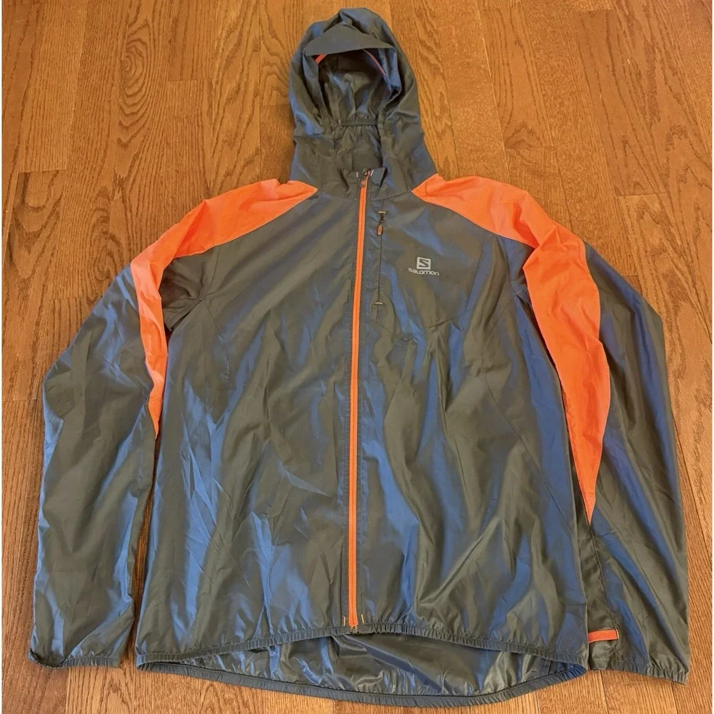 Salomon Mens L ClimaWind Trail Running Jacket Orange Grey Full Zip Windbreaker